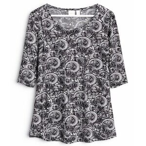 Chico's Black White Paisley Tunic Top Stretch Boho Classic Chic Size 3 XL